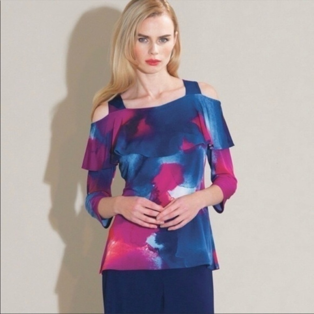 Clara Sun Woo Top Cold Shoulder Blue Pink XS Jersey Knit Cocktail Dressy Chic